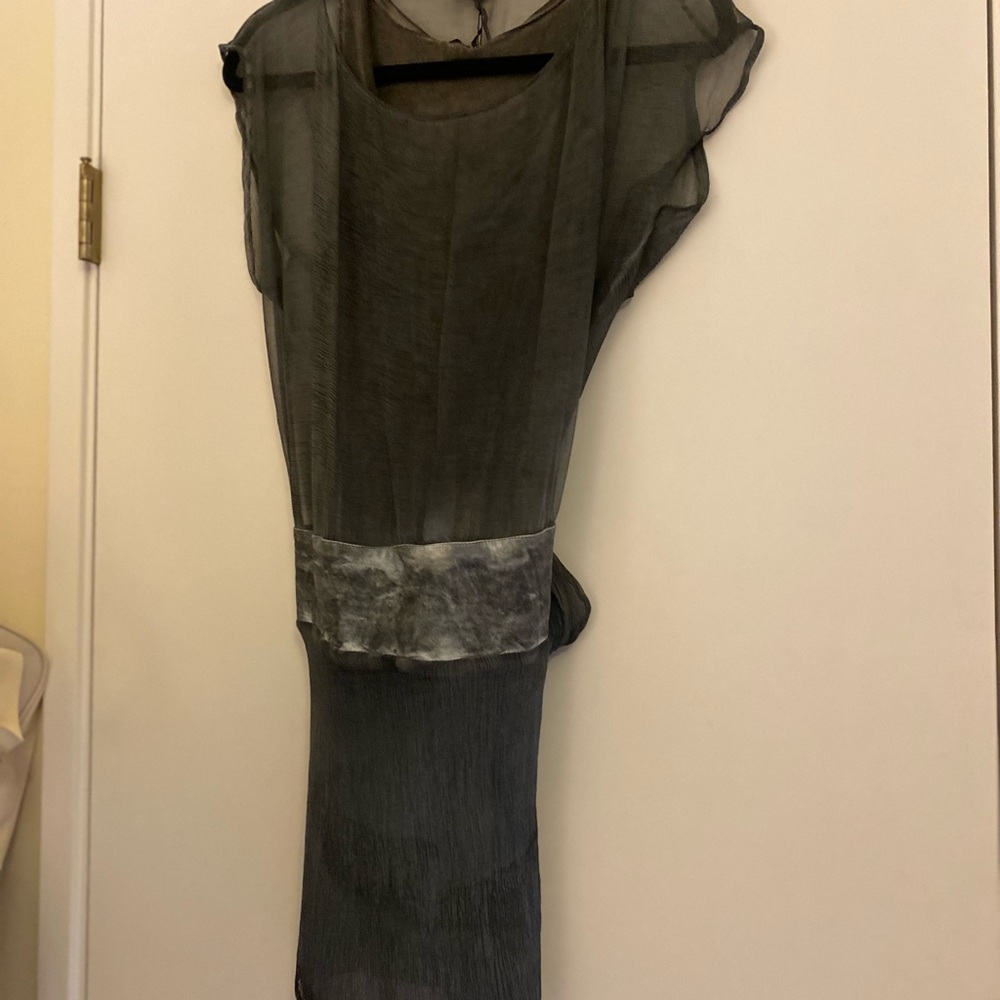Chic Asymmetrical Sheer Dress in Black with Patterned Gray Belt Detail